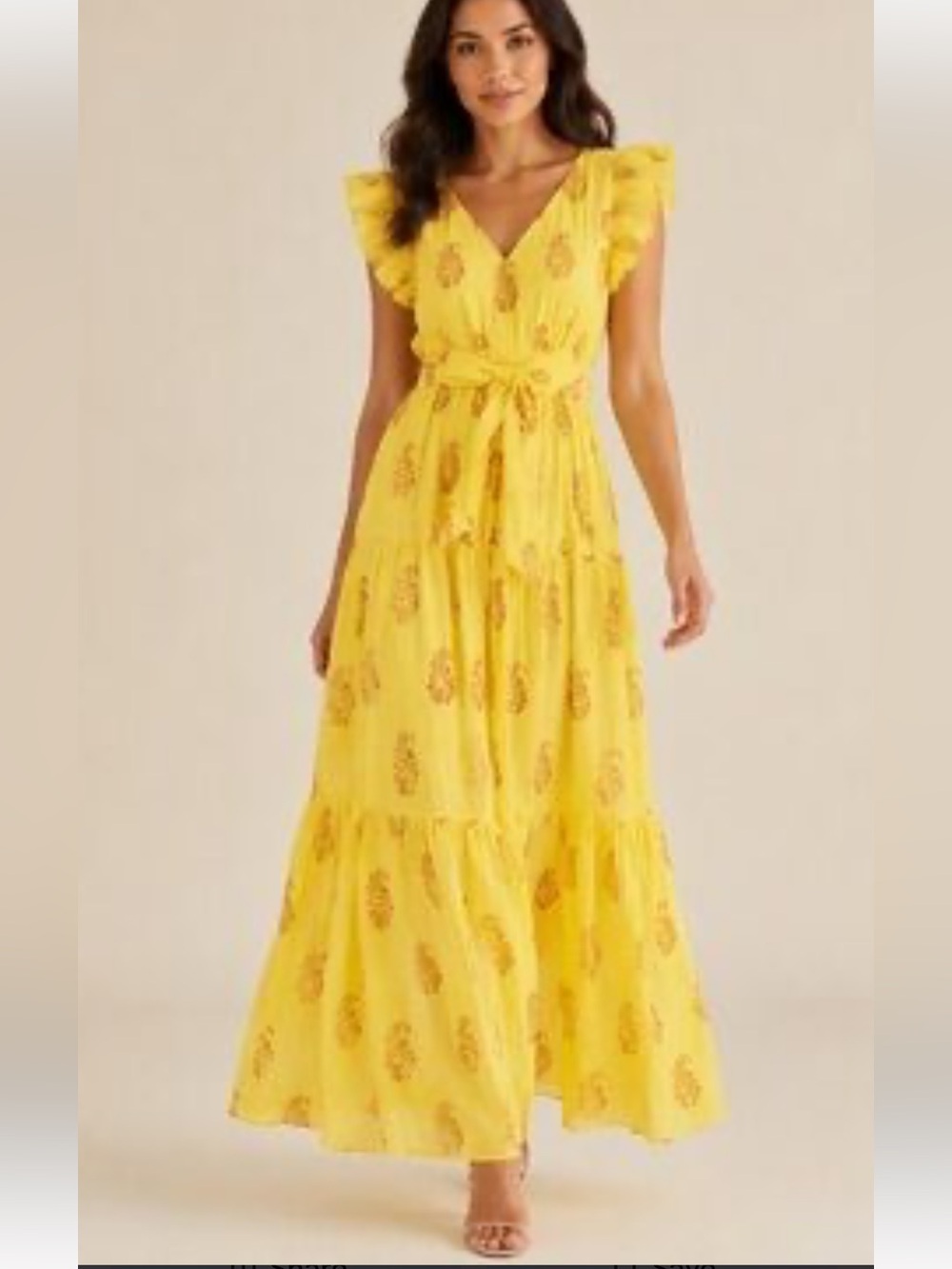 A Loves yellow floral print ruffle sleeve 
v-neck tiered belted maxi dress